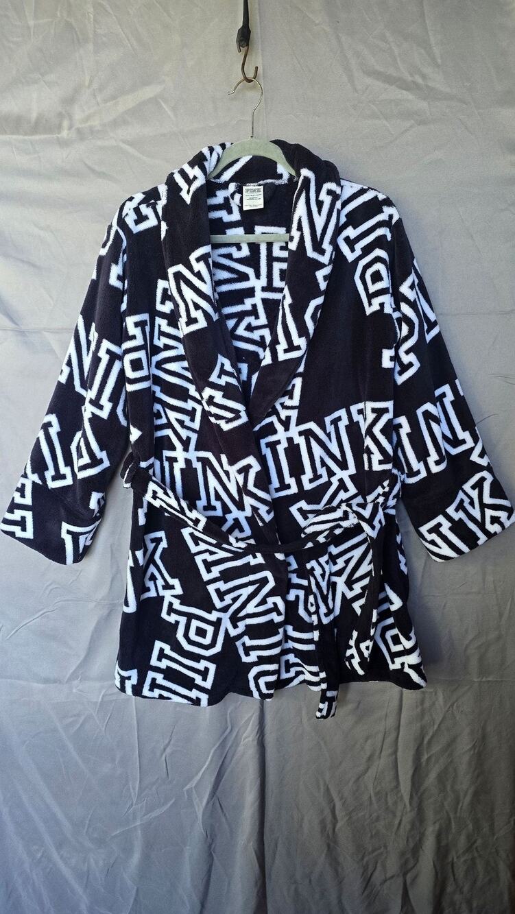 PINK Victoria's Secret Robe Womens XS Black Logo Fleece Kimono Belted Wrap